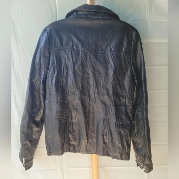 UK2LA  Black Pleather Jacket Snaps Long Sleeves Pockets Large - Picture 5 of 6